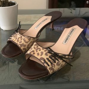 MANOLO BLAHNIK Leopard Print Kitten Heel Slide Sandals
